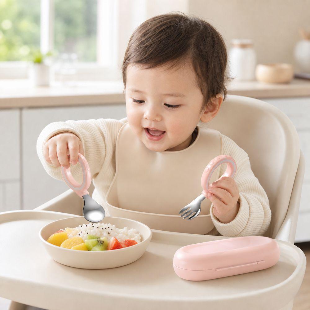Easy Grip Baby Spoon Fork Set Ring Handle Design Training Spoon Set Kids Spoon Fork  Baby Feeding