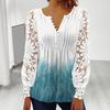 Ladies Summer Shirt V-neck Floral Print Button Lace Stitching Long Sleeve Daily Wear Hollow Out See-through Spring Summer T-shirt Women Clothing