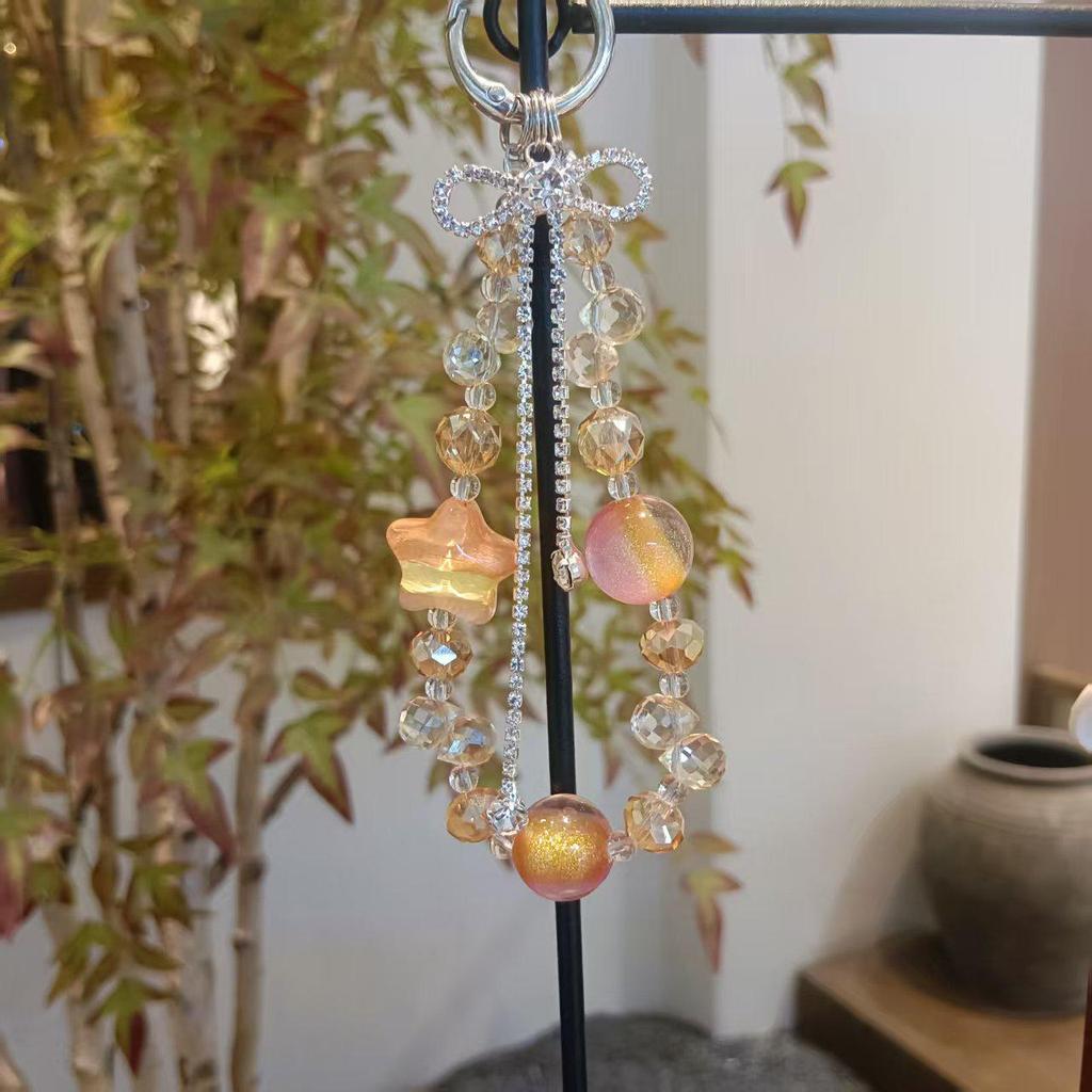 Lux-Style Beaded Two-Tone Phone Chain & Crystal Pendant Keychain Charm