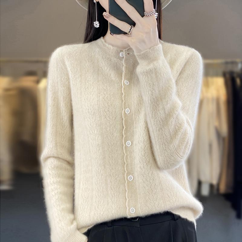 Women's Round Neck Cashmere Cardigan, Qinghe Cashmere, 30% Cashmere 70% Wool, Winter Knitted Pullover Autumn Sweater Cashmere Sweater