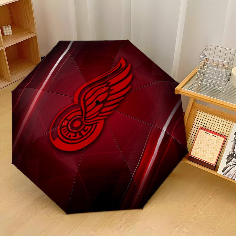 Detroit Red Wings Print Auto 8?Ribs Folding Umbrella Wind Resistant Lightweight Automatic Umbrella For Daily Travel