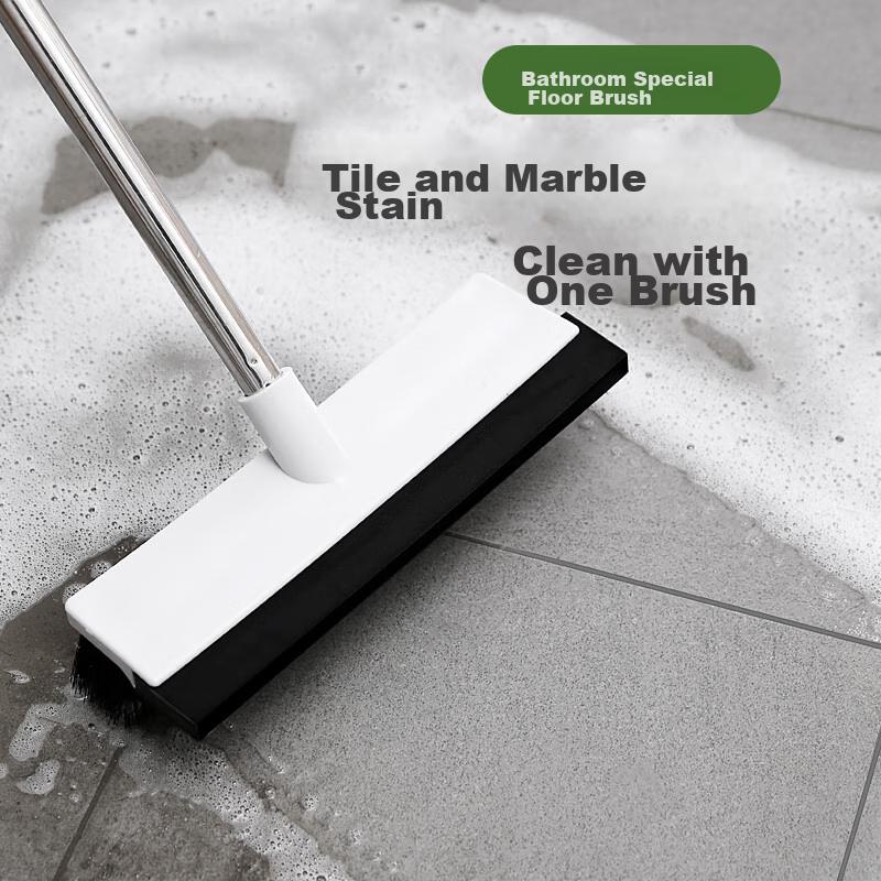 MARYYA Floor Brush Bathroom Toilet Hard Bristle Scrubber Long Handle with Built-In Squeegee Cleaner, Gentle on Tiles