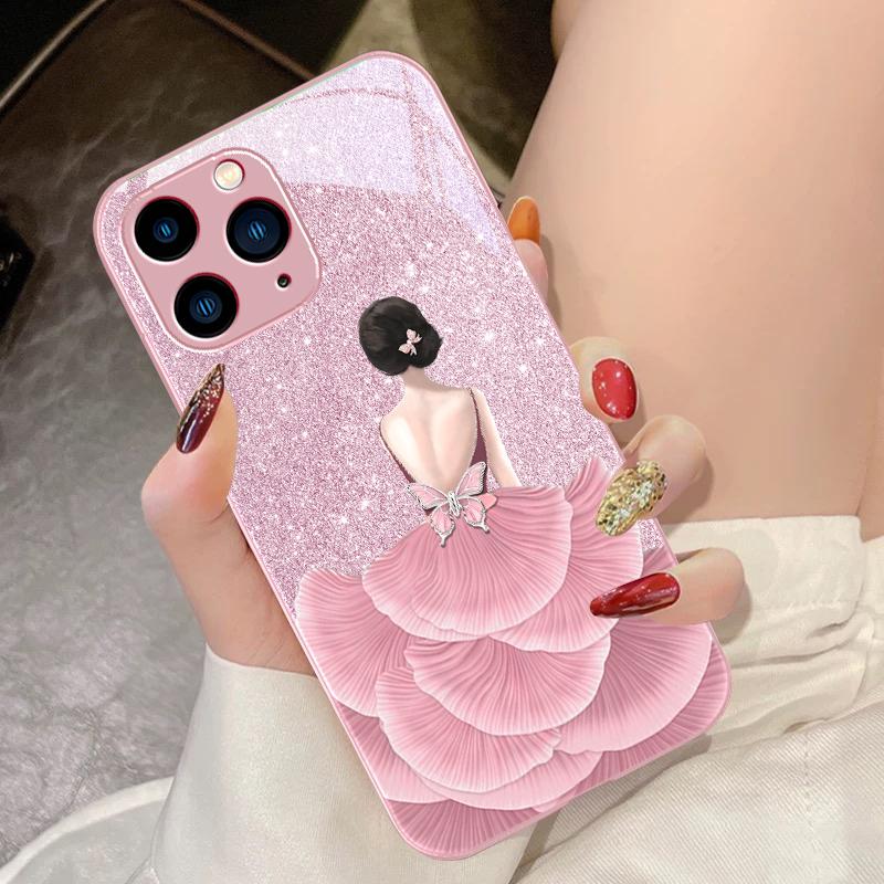 Чехол для телефона из закаленного стекла Flower Girl Colorful для iPhone 16 Pro Max 15 Pro 14 13 12 Mini 11 XS Max XR 7 8 Plu SE 2022