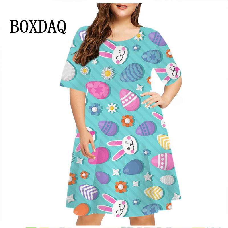 3D Cartoon Rabbit Print Dress Easter Egg Dress Women Short Sleeve Fashion Kawaii Casual Dresses Party Oversized Women Clothing