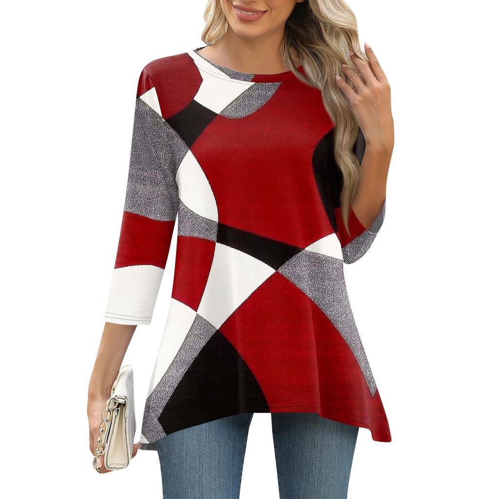 3/4 рукав туника топы для женщин принтованный повседневный выходной свободный крой модная базовая футболка с круглым вырезом