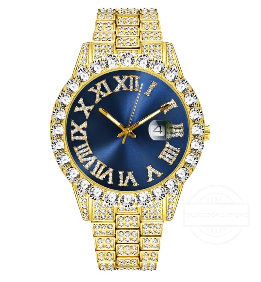 1/2 шт. Браслет для часов в стиле хип-хоп из нержавеющей стали золотого цвета, часы с календарем для мужчин, инкрустированные стразами, мужские часы Reloj Hombre