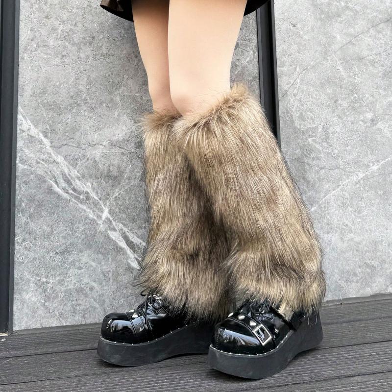 1 пара коричневых однотонных гетр из искусственного меха, стиль Y2K, всесезонные