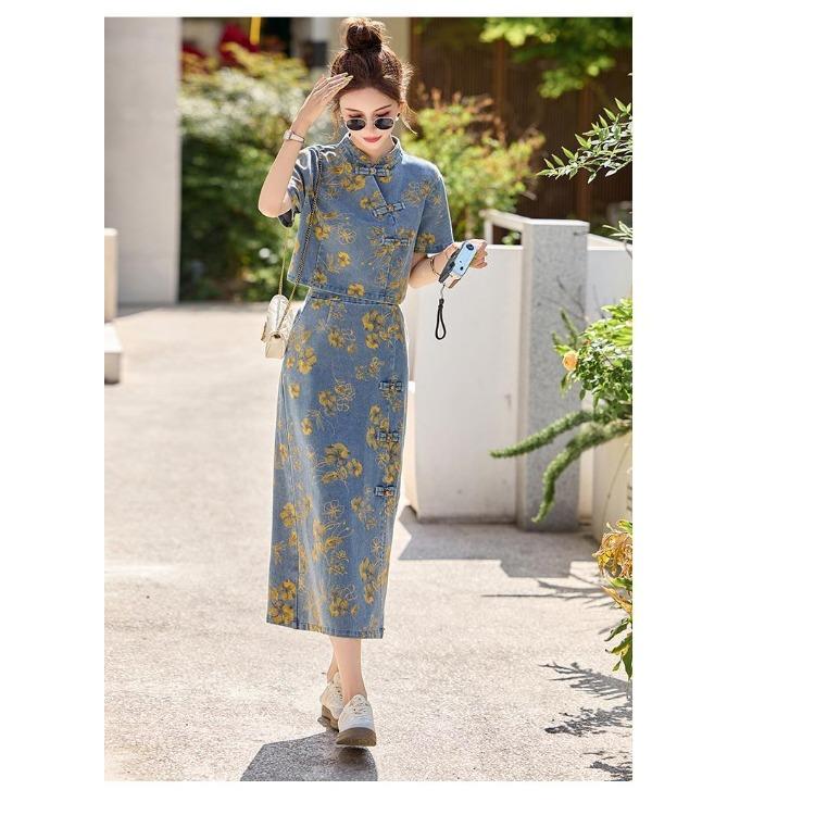 Fashion Chinese Style Denim Skirt Set Women Summer Floral Print Two Piece Outfit with Knot Buttons