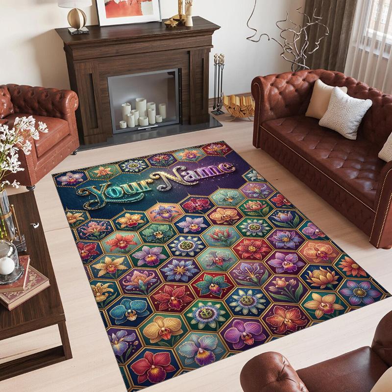 Floral Theme Crystal Velvet Rug Personalized Custom Name Text Soft Floor Mat Home Decor