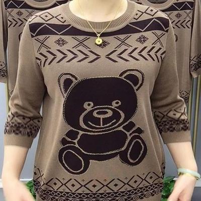 Винтажная Мода Женская Одежда Свитер с Мишкой Весна Осень Длинный Рукав Круглый Вырез Универсальный Вязаный Повседневный Пуловер Топ