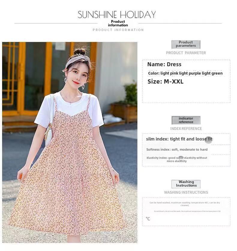 Платье-футболка для беременных весна/лето 2024 года с цветочным принтом — свободное, большого размера, имитация двух частей