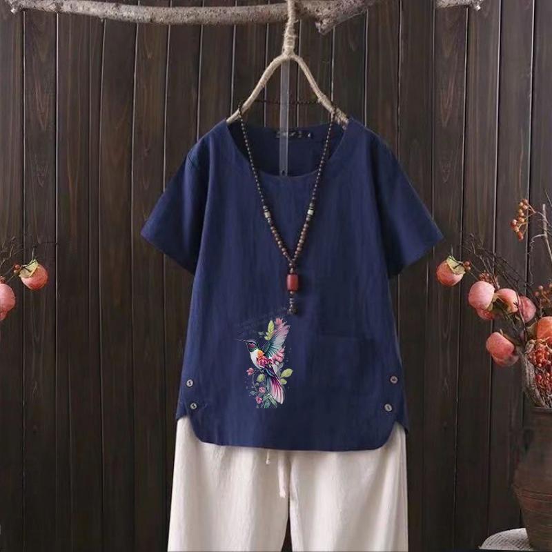 2025 Summer New Bird Print V-neck Cotton Hemp Women's Casual T-shirt