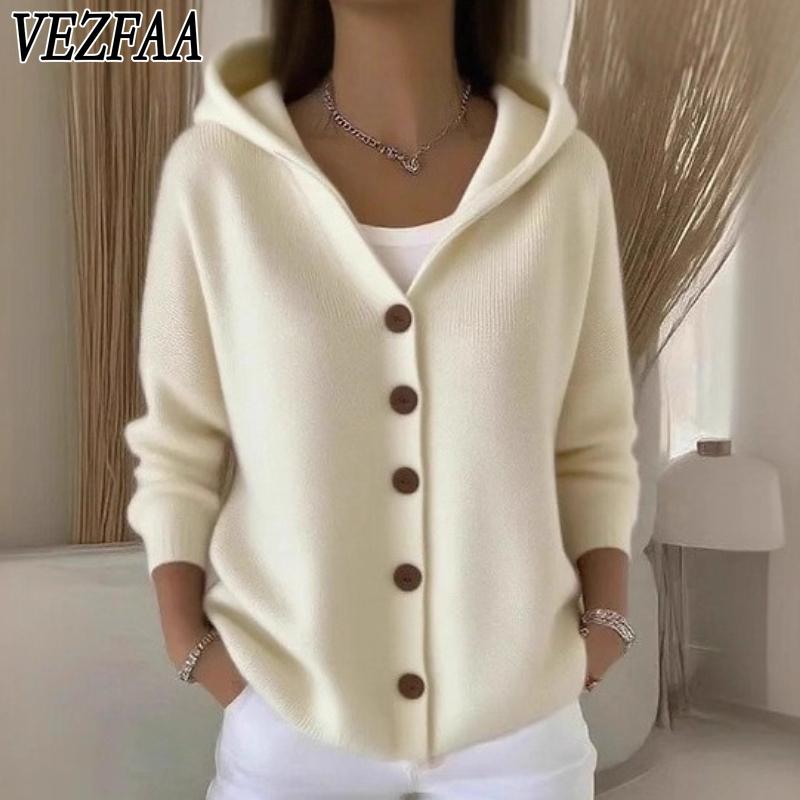 VEZFAA Женская мода повседневная осень-зима однотонный принт длинный рукав с капюшоном свитера