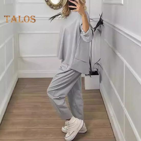 2 шт./комплект женский свитер брюки комплект круглый вырез длинный рукав топ эластичный пояс широкие спортивные штаны спортивный наряд осень повседневная одежда для поездок на работу