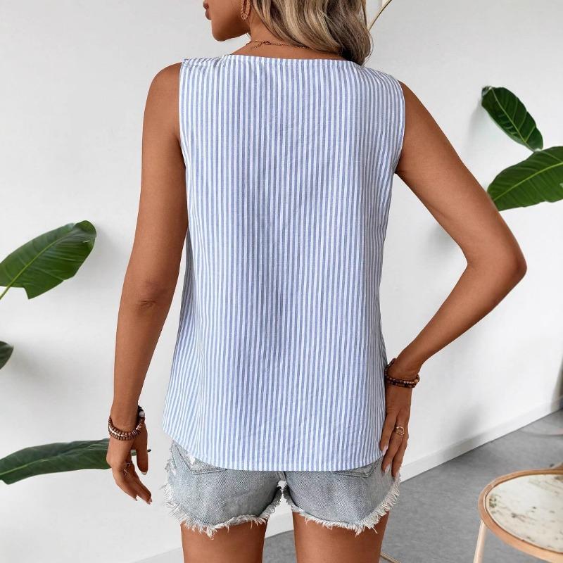 New Women's Casual Sleeveless Striped Top T-shirt with A Slanted Collar