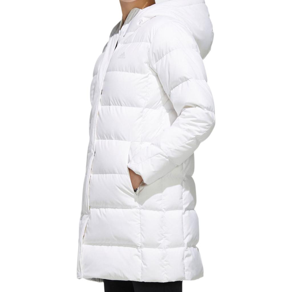 Adidas Куртка пуховая женская средней длины с капюшоном и принтом логотипа, верхняя одежда, белая FQ7570