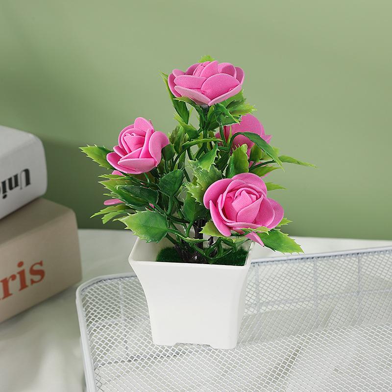 1Set Artificial Flower Plant Rose Potted Bonsai Office Garden Desktop Ornament Decor Artificial Flowers In Pot For Home Decor