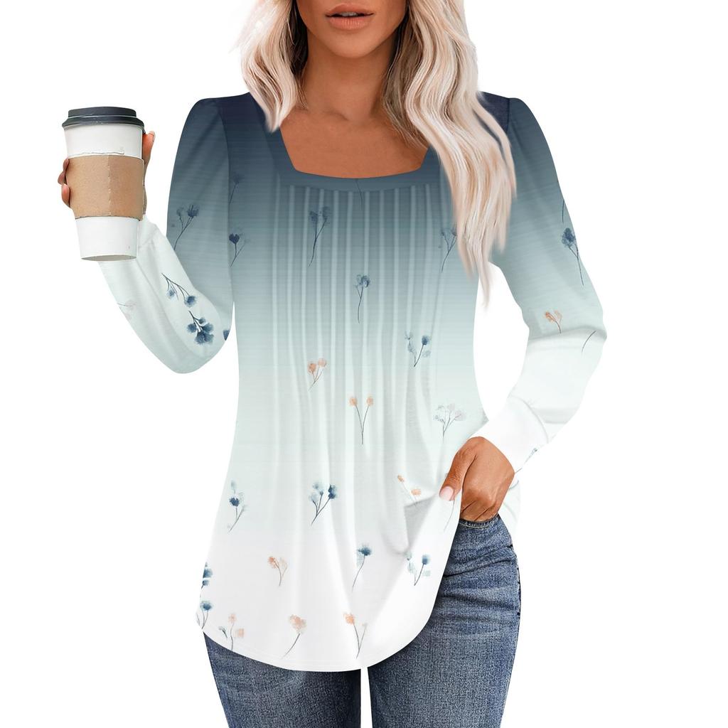 Рубашки с длинным рукавом для женщин, топы, нарядные повседневные блузки, плиссированные туники с квадратным вырезом