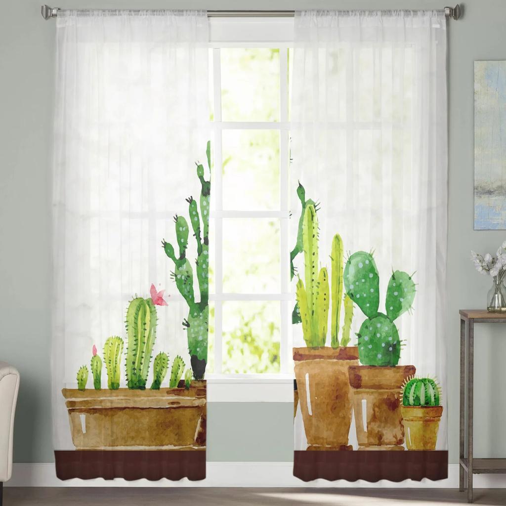 Cactus Plant Flower Tulle Curtains for Bedroom Hall Living Room Decor Chiffon Curtain for Balcony Kitchen Home Drapes