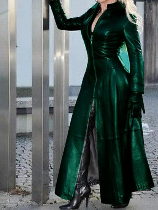 Women's European and American Style PU Leather Lapel Zipper Jacket - Solid Color, Long Length.