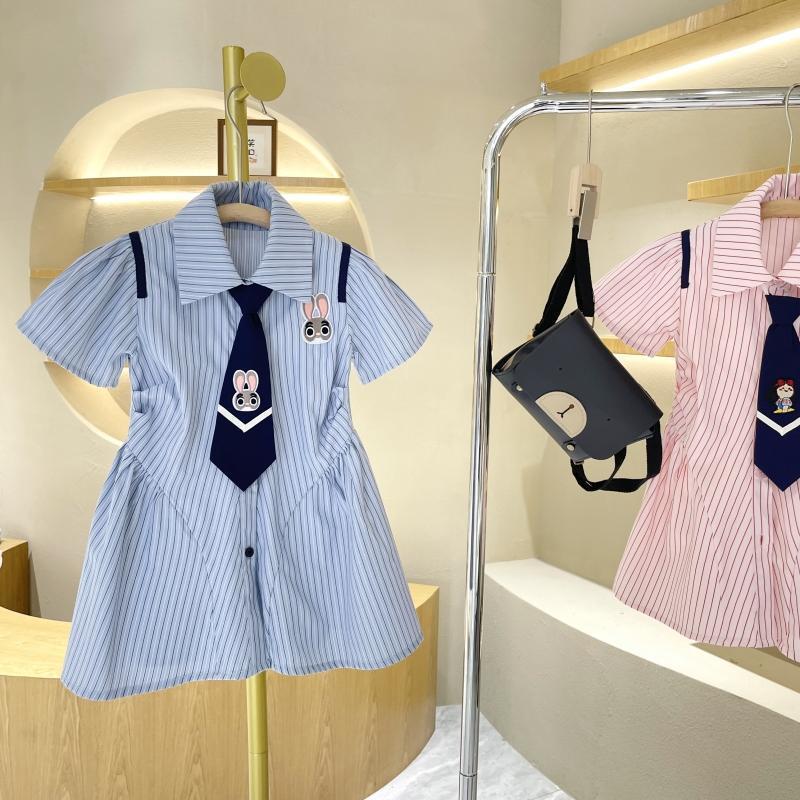 Girls Summer Polo Collar Striped Dress With Rabbit Print Preppy JK Uniform For Big Kids