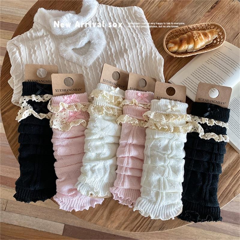 Women Fairycore Knitted Leg Warmers Calf Socks Japanese Sweet Bowknot Ruffled Lace Trim Leg Covers Boot Cuffs Stockings