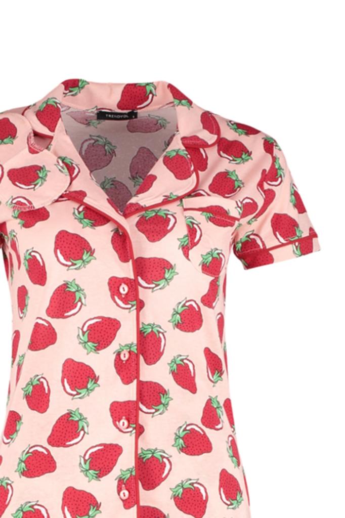 Women's Fashion New Pajama Set Pink Piping Detailed Strawberry Patterned Knitted Pajama Set