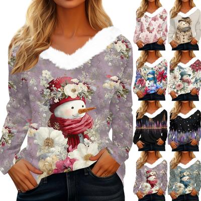 Рубашки с длинным рукавом для женщин Милые топы Рождественские принты Футболки Блузки Повседневные топы больших размеров Базовые топы Пуловеры