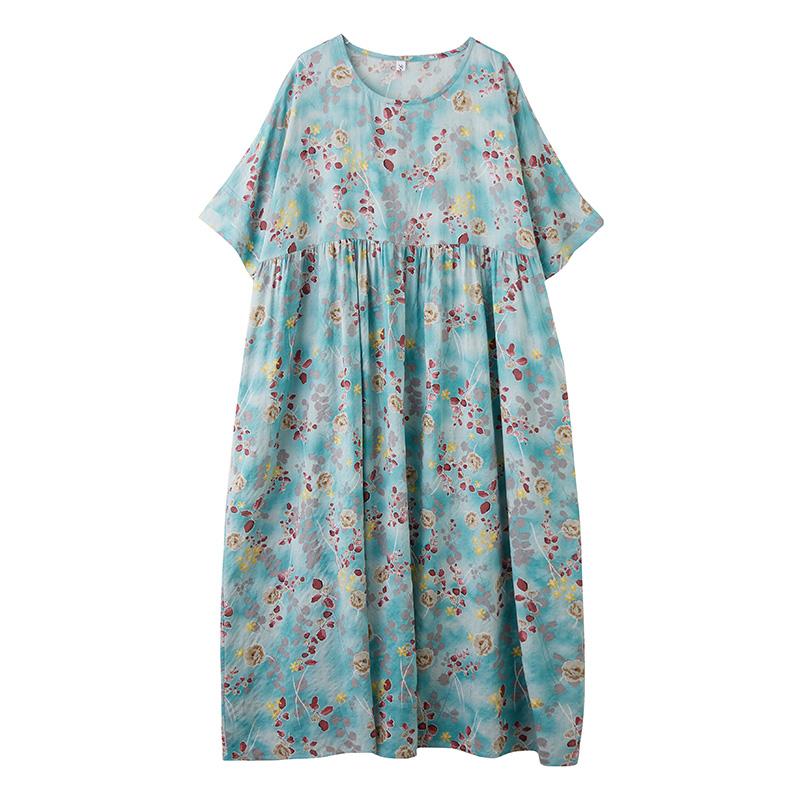 DIMANAF Plus Size 2025 Summer Long Dress Women Basic Linen Vintage O-Neck Beach Casual Dress Loose Dress Floral