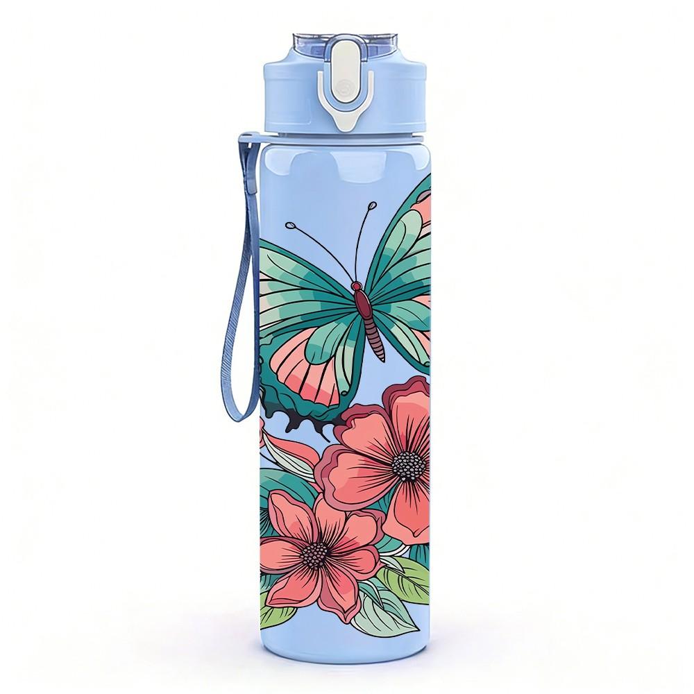 1PC Colorful Butterfly Pink Wildflower Floral Art 750ml Color Plastic Sports Water Bottle Leakproof Flip Straw Lid Suitable for Sports Office Home Use