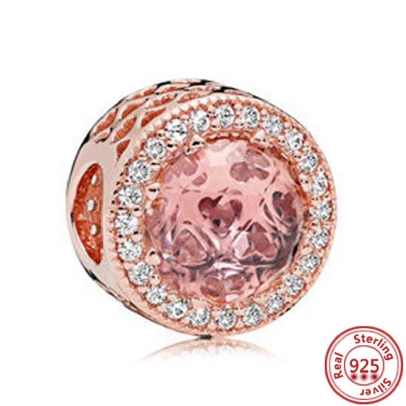 Hot Sale Rose Gold Series Pink Zircon Leaves Heart Pendant Sparkling Clip Bead Fit Charm Bracelet DIY S925 Silver Jewelry