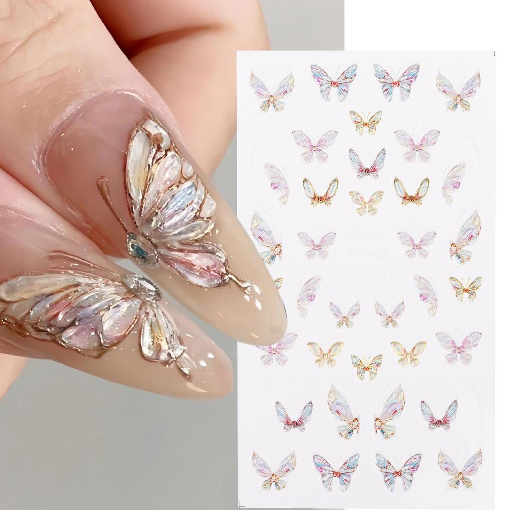 5D Butterfly Nail Stickers Summer Glittering Golden Embossed Nails Adhesive Decals DIY Manicure Stickers for Women