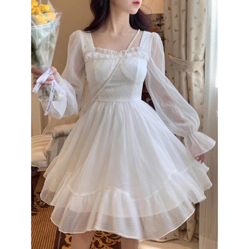 Белое кавайное платье, женское шифоновое мини-платье в стиле Лолиты с длинным рукавом, сказочный халат с бантом и оборками, лоскутное платье с квадратным воротником