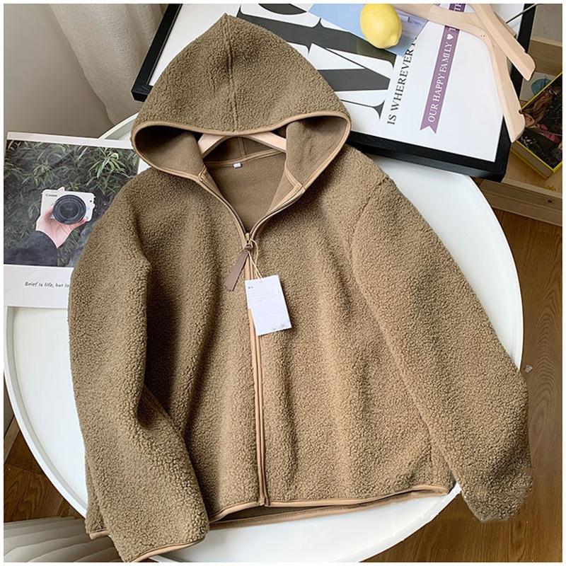 Fashion Short Jacket Women Lambswool Outerwear Thicken Warm Loose Polar Fleece Hooded Zipper Long Sleeve Coat Autumn Winter