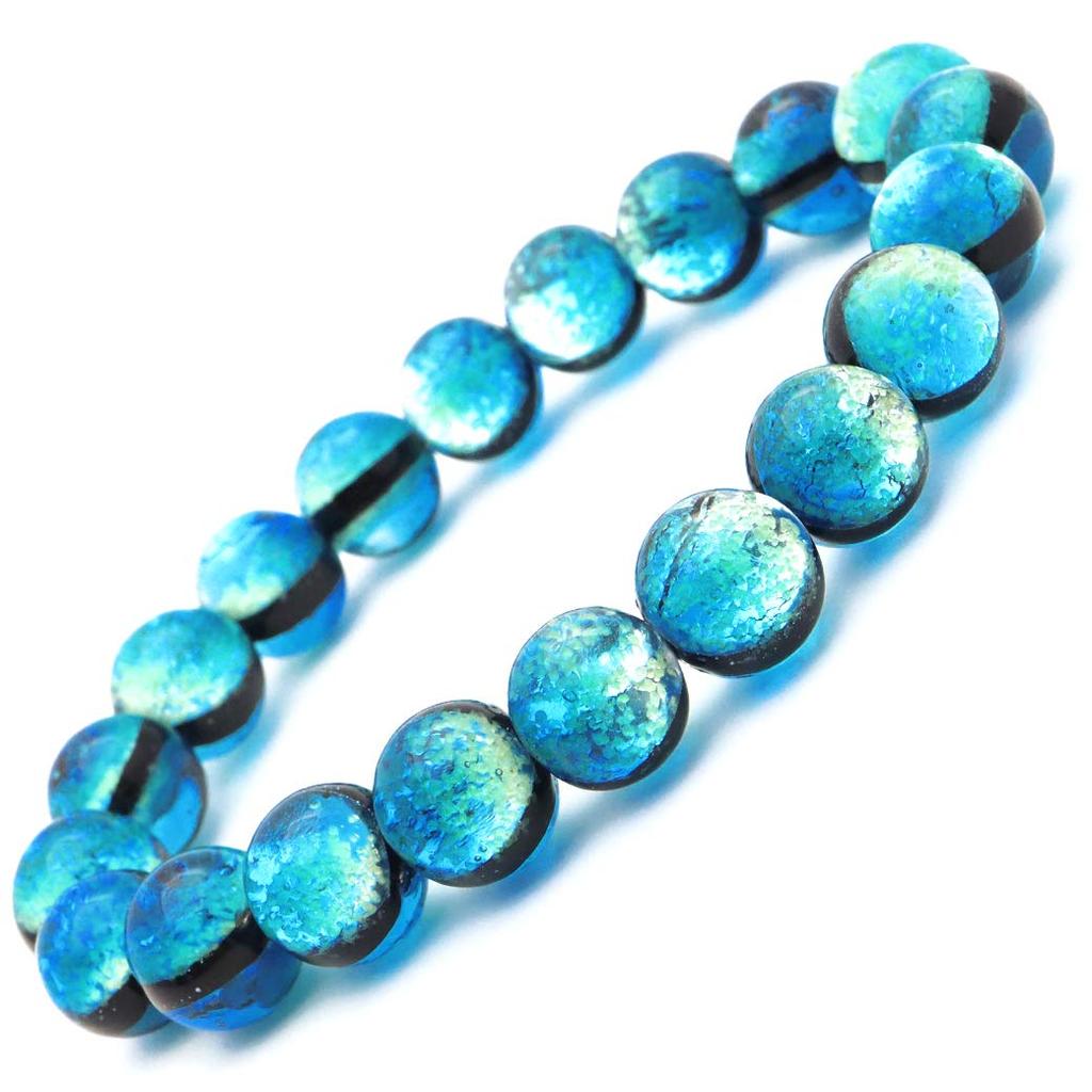 [GOLD STONE] Glowing Hateruma Blue Firefly Glass 10mm Bracelet from Hateruma Island, Okinawa, Inner Diameter: Approx. 17.5cm