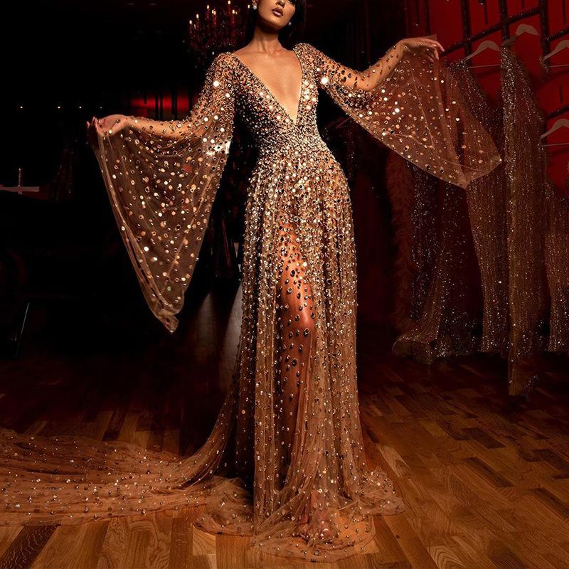 Весна и лето, новые платья для европейских и американских женщин, с длинным рукавом, глубоким V-образным вырезом, длинные, прозрачные платья с золотыми вкраплениями