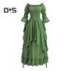 Women Ball Gown Off Shoulder Gothic Long Horn Sleeves Irregular Layered Pleated Elastic Tight Waist Solid Color Retro Renaissance Party Prom Maxi