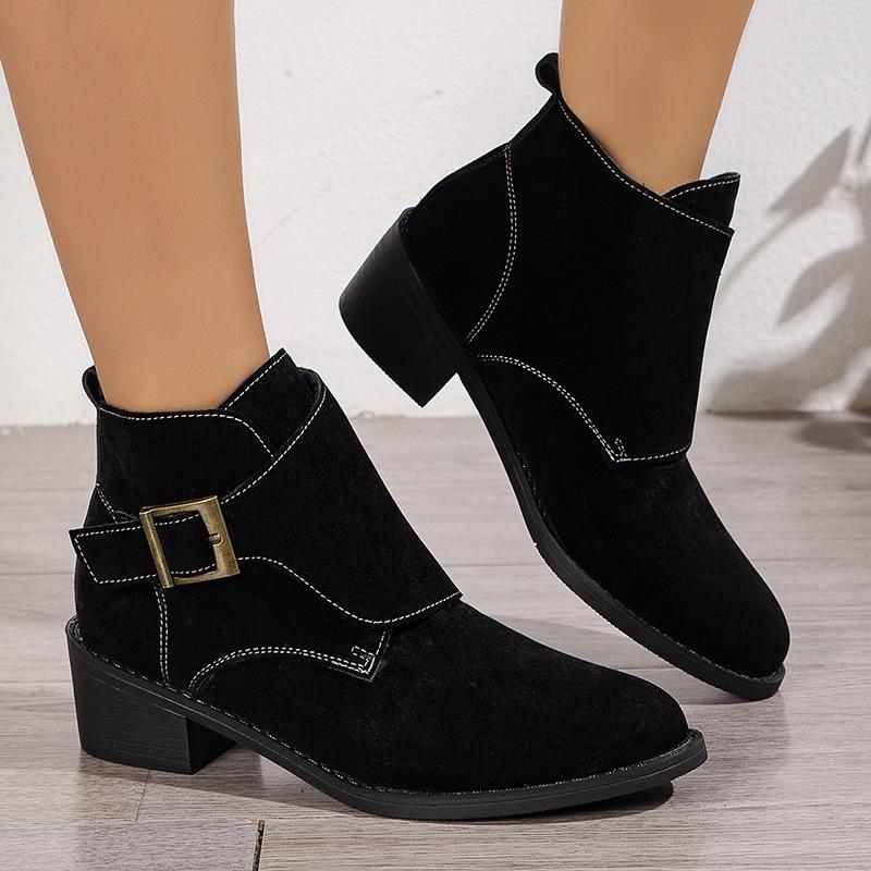 Модные коричневые ботильоны с металлической пряжкой в британском стиле для женщин, однотонные полусапожки из искусственной замши на толстом каблуке, женские, осень-зима