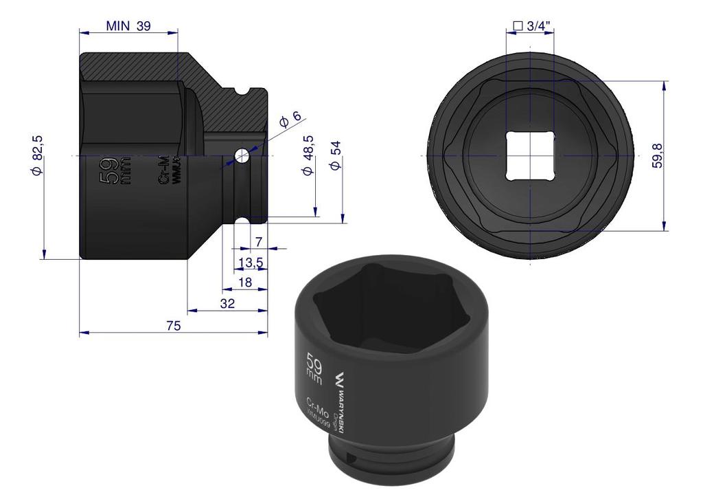 3/4" hexagonal impact socket. 59 . CrMo. DIN 3129. Waryński
