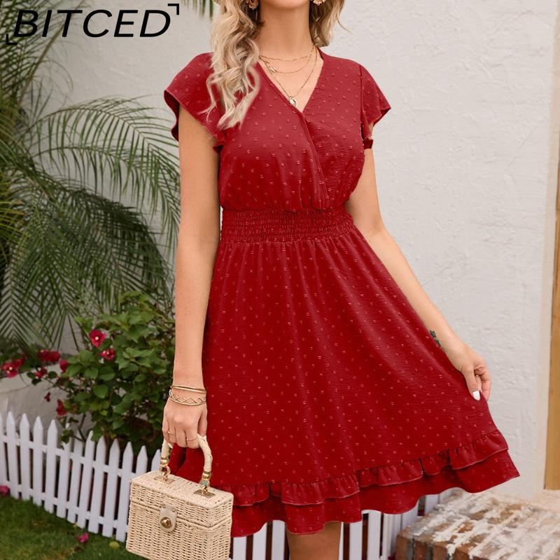 BITCED Женское весенне-летнее платье с V-образным вырезом, подчеркивающее талию, повседневное, для отпуска, с коротким рукавом, стройнящее