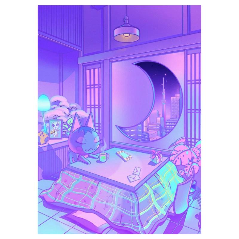 Постер в стиле 80-х Vaporwave Настенное искусство Городская ночь Улица Кошка Холст Живопись Принт Домашнее украшение Кавайная комната Декор Холст Картина