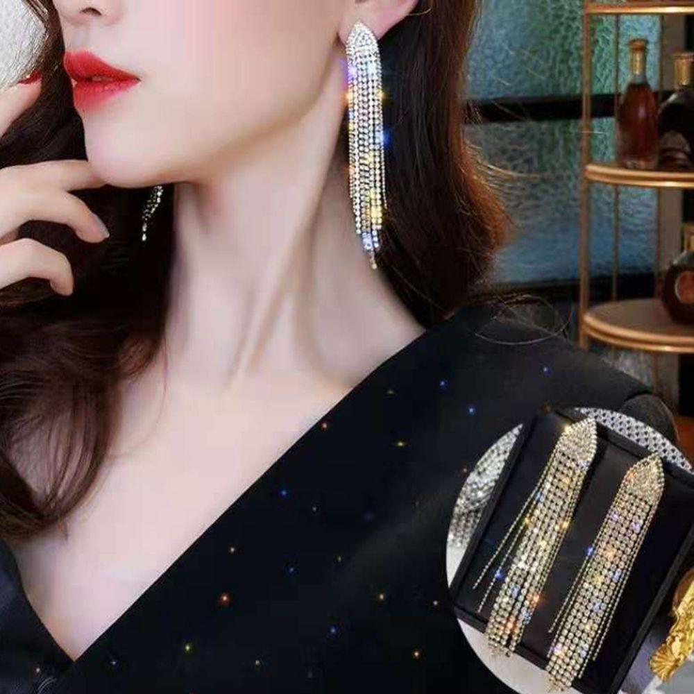 Bridal Wedding Rhinestone Earrings Drop Tassel Earrings Bling Dangle Long Tassel Rhinestone