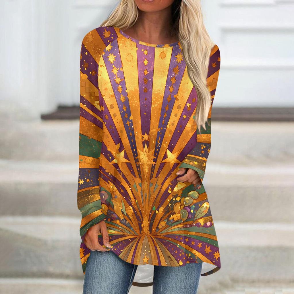 Women's Fashionable Round Neck Raglan Long Sleeved Carnival Printed Casual Pullover Top