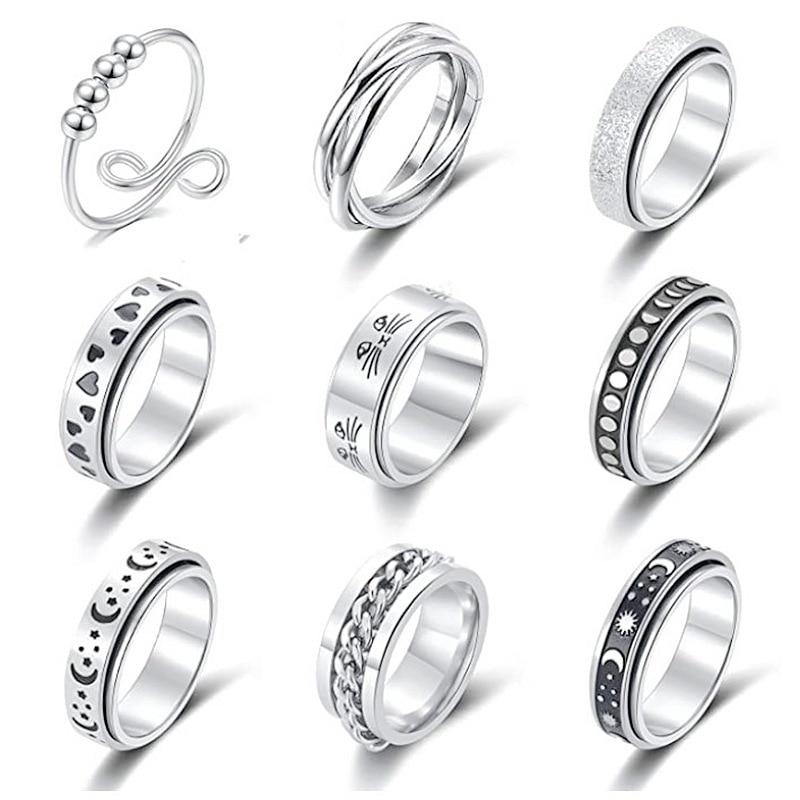 Spinning Spinner Ring For Men Women Anxiety Fidget Rings Stainless Steel Moon Star Roman Numerals Chain Rotating Ring