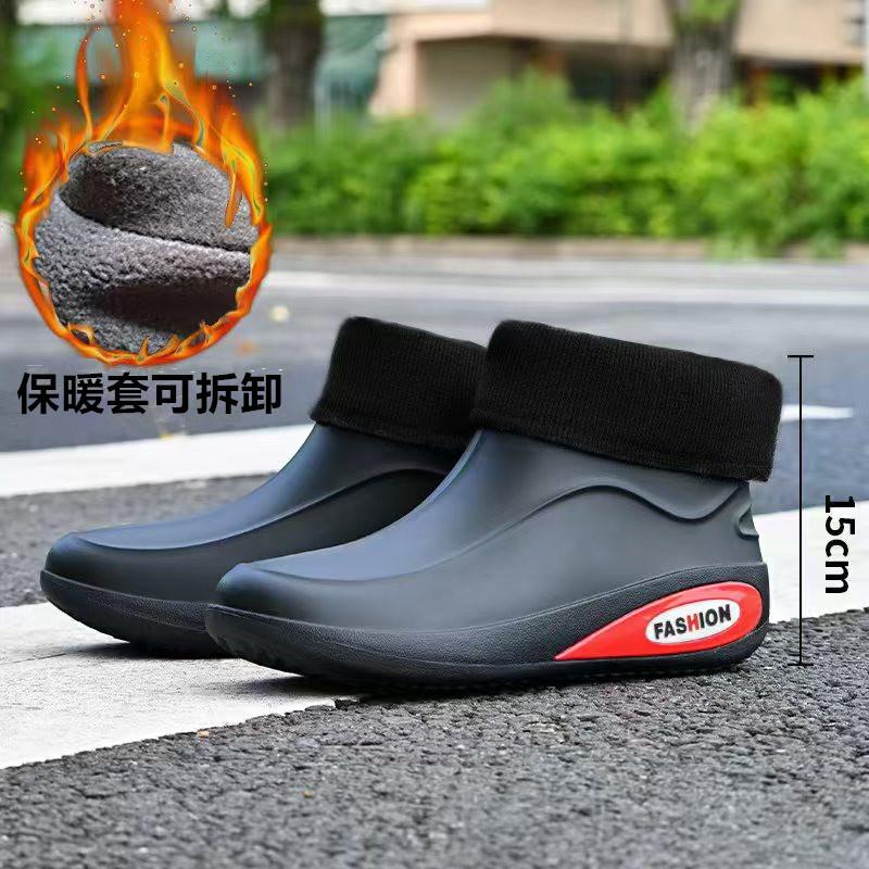 Зимние фиксированные бархатные теплые водонепроницаемые клеевые туфли модные мужские короткие дождевые туфли вейдерсы короткие ботинки уличные мужские резиновые сапоги теплые хлопковые туфли