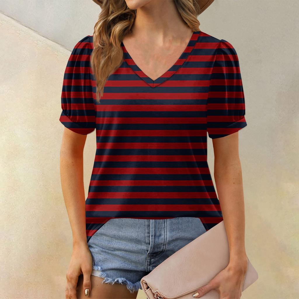 Women's Fashion Striped Printed Top Puff Short Sleeve V-neck T-shirt Loose Casual T-shirt