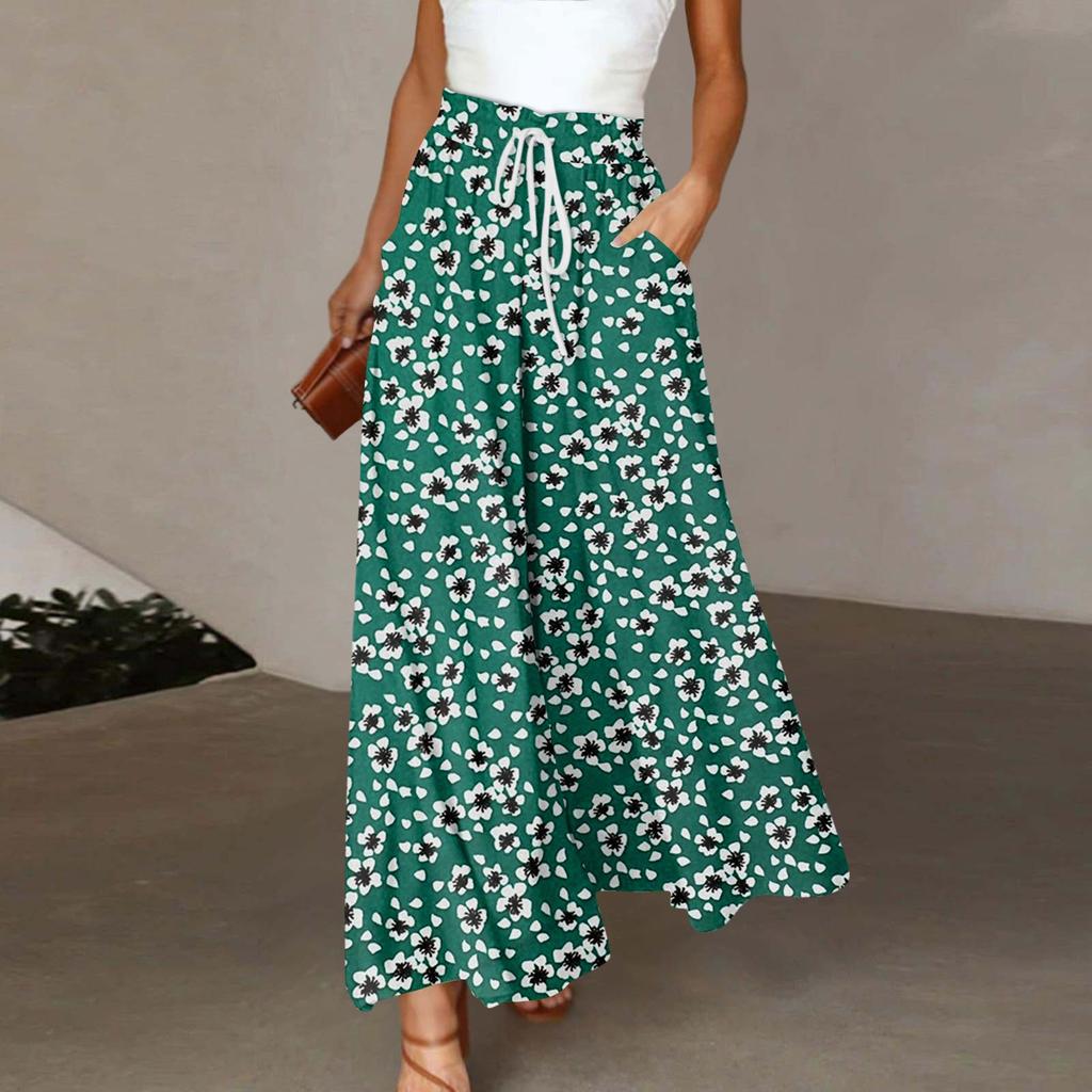 Женские широкие брюки с высокой талией, летние повседневные свободные брюки с карманами, пляжные брюки с принтом