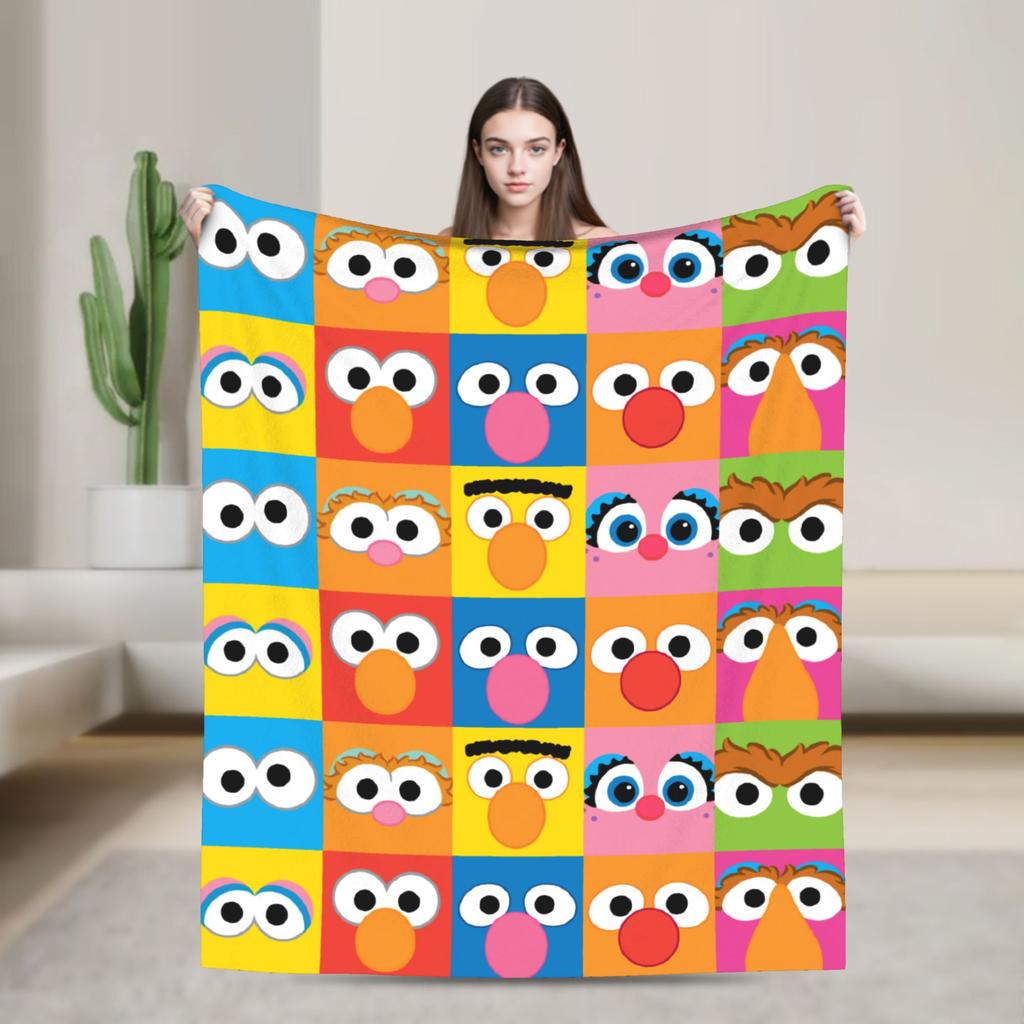 Sesame Street Character Eyes Pattern Blankets Flannel Super Warm Throw Blanket for Outdoor Travel Bedspread