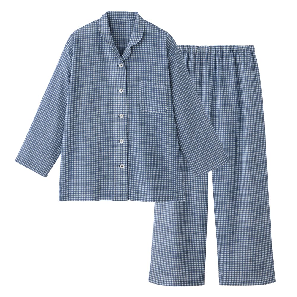 Gunze Long Sleeve Pajamas and Pants Elastic Sleeve and Leg Soft Navy Blue Women's (with Holes), Crepe, Acedron,