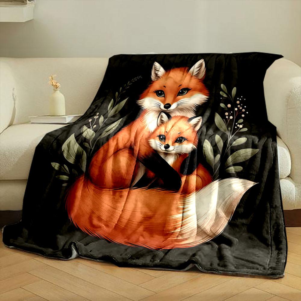 Fox Family Warmth on Black print blanket soft and cozy perfect for the living room bed sofa or a nap,gift